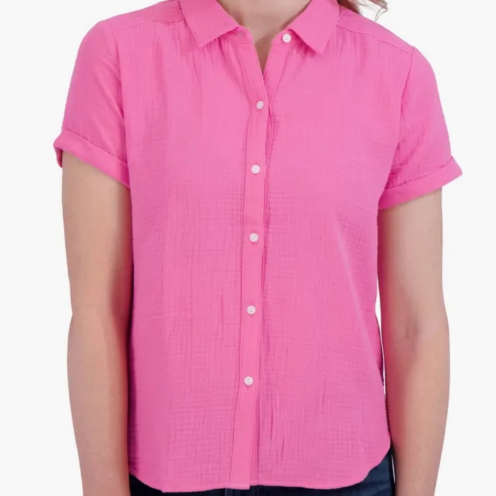 Lucky Brand Short Sleeve Cotton Gauze Button-Up Shirt Size Small Pink